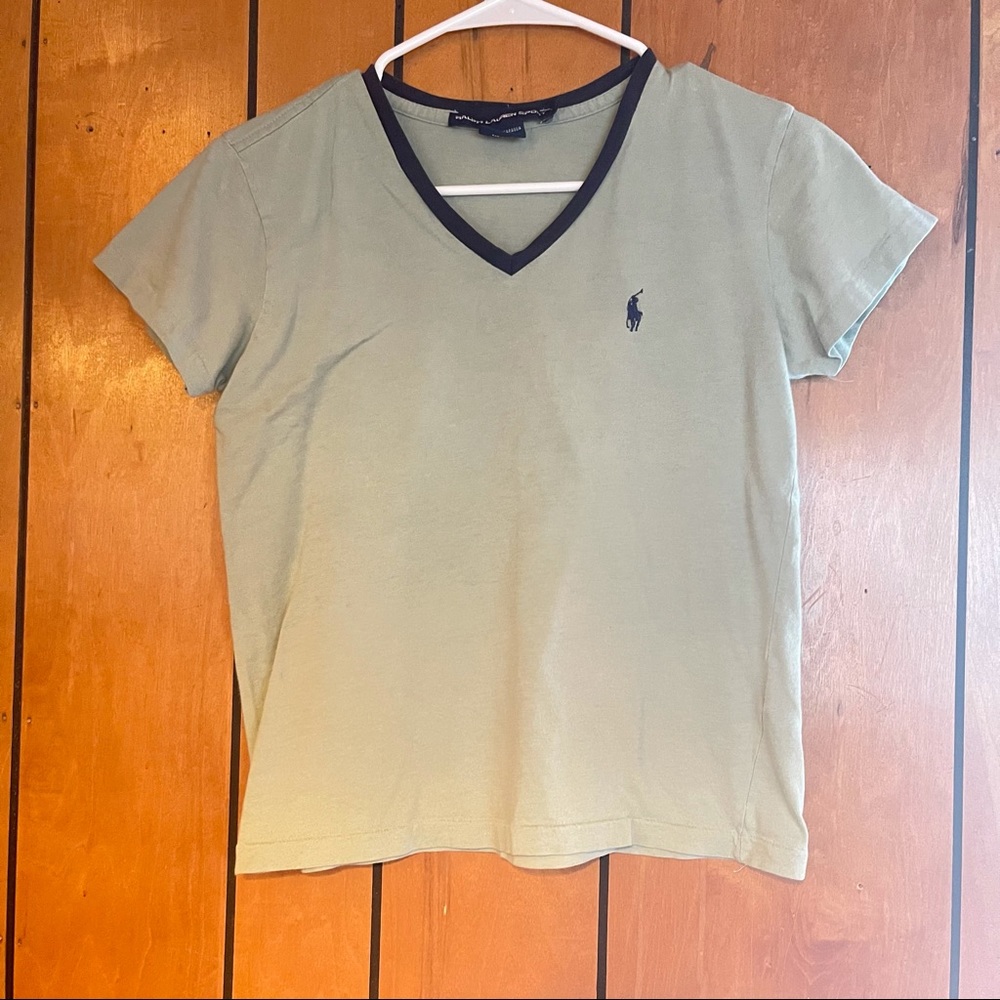 Vintage Ralph Lauren sport V-neck shirt size small light green with navy V-neck.